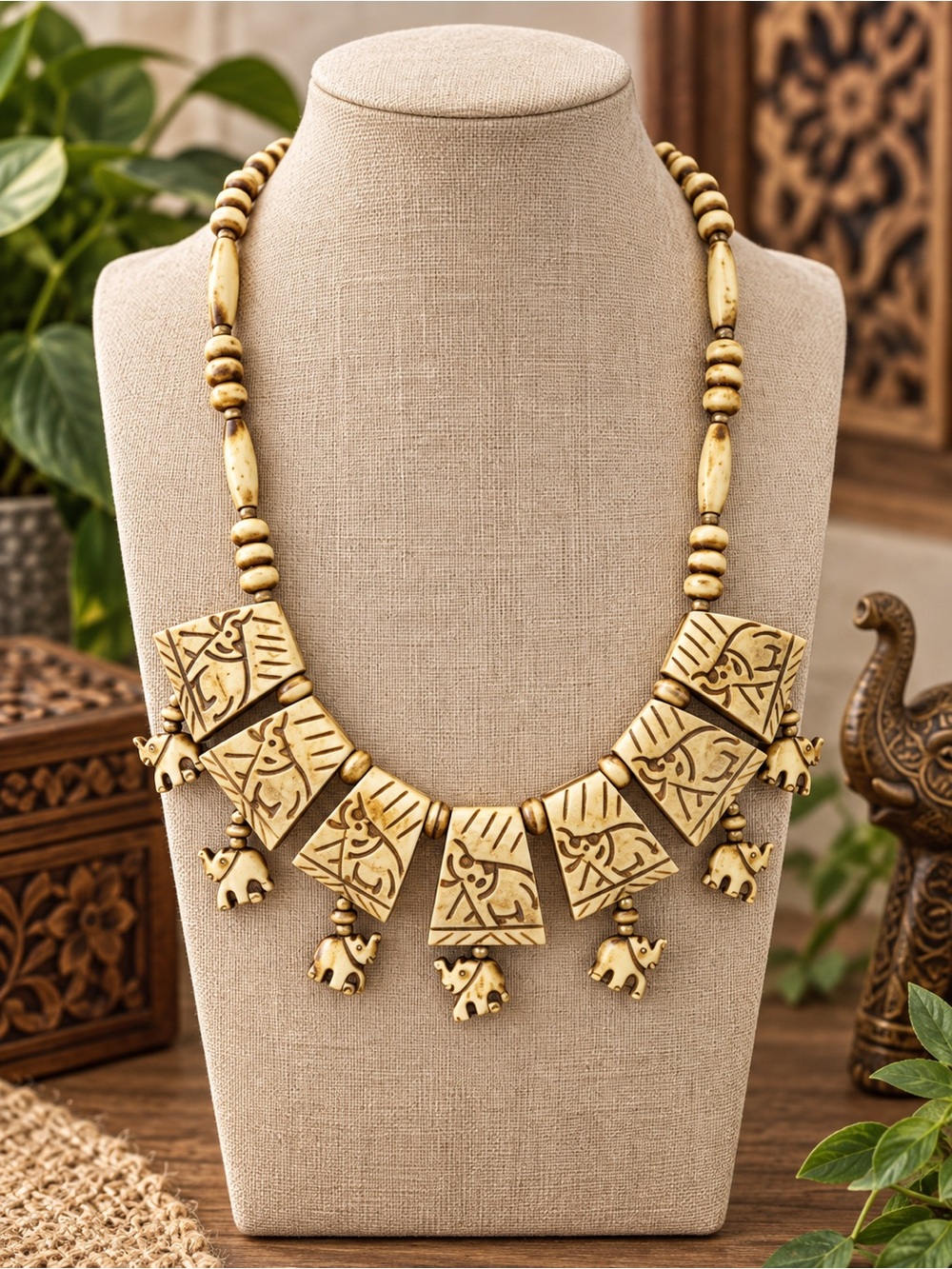 Elephant Statement Necklace Bone Carved Beaded & Dangling Elephant Charms